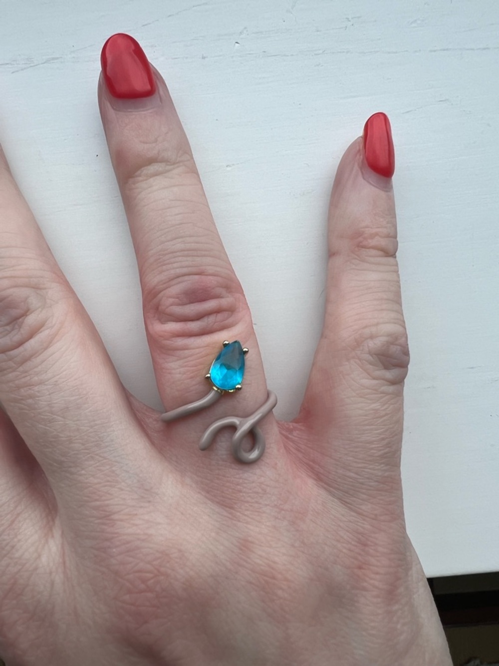 Blue Teardrop Crystal Gold-Prong Open Coil Adjustable Enamel Ring